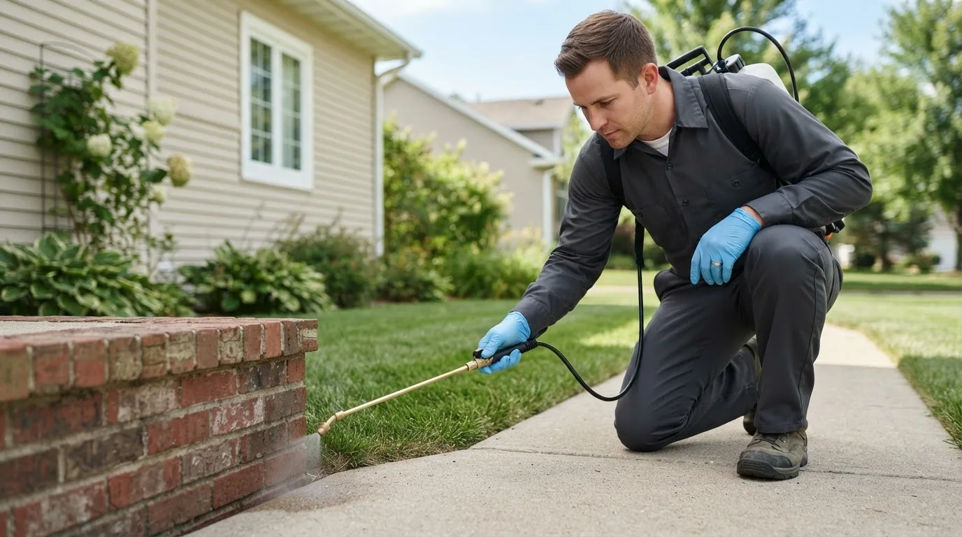 Pest control technician treating a home near Cardington, OH