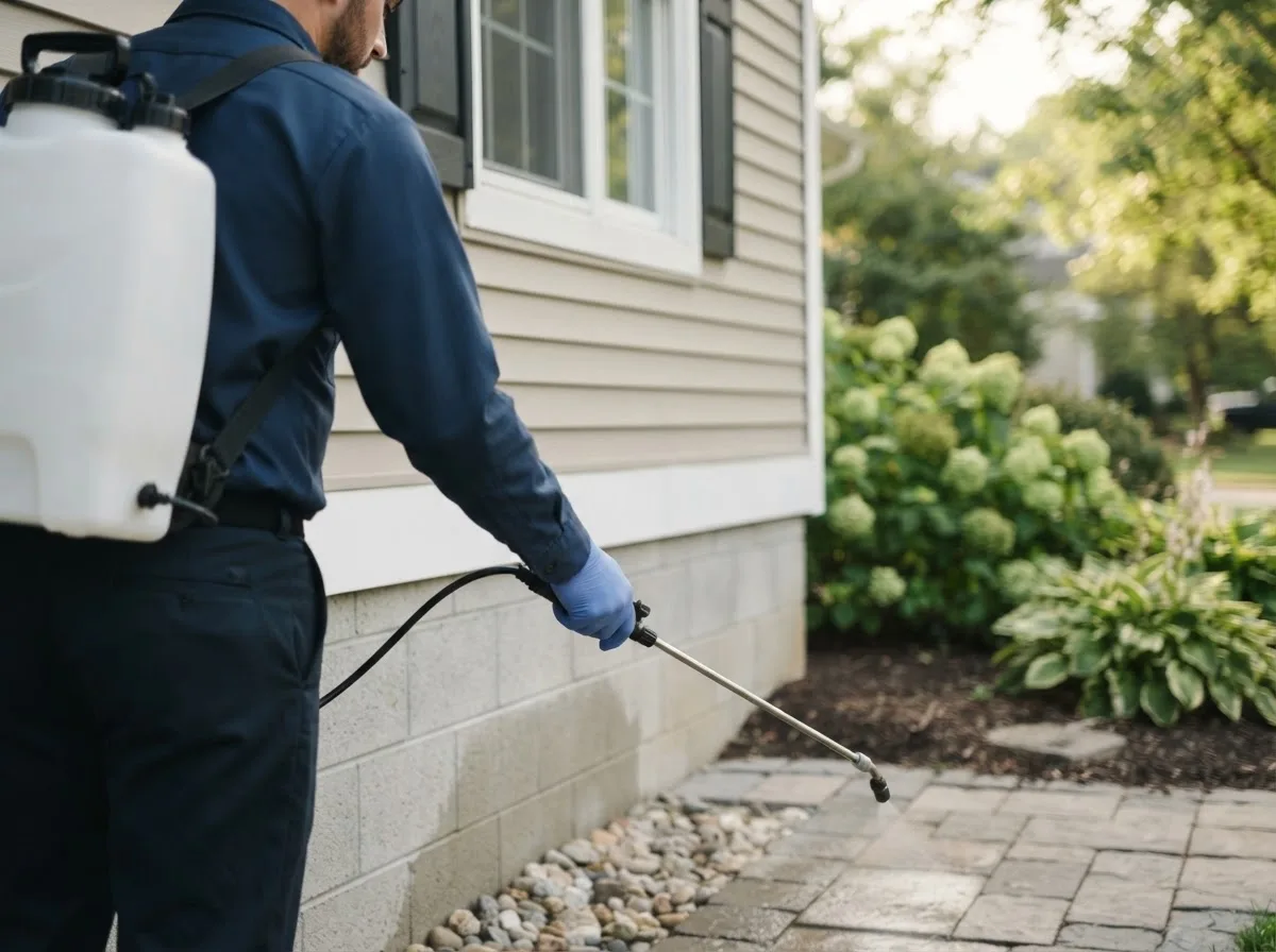 Pest control technician inspecting a home in Cardington, OH